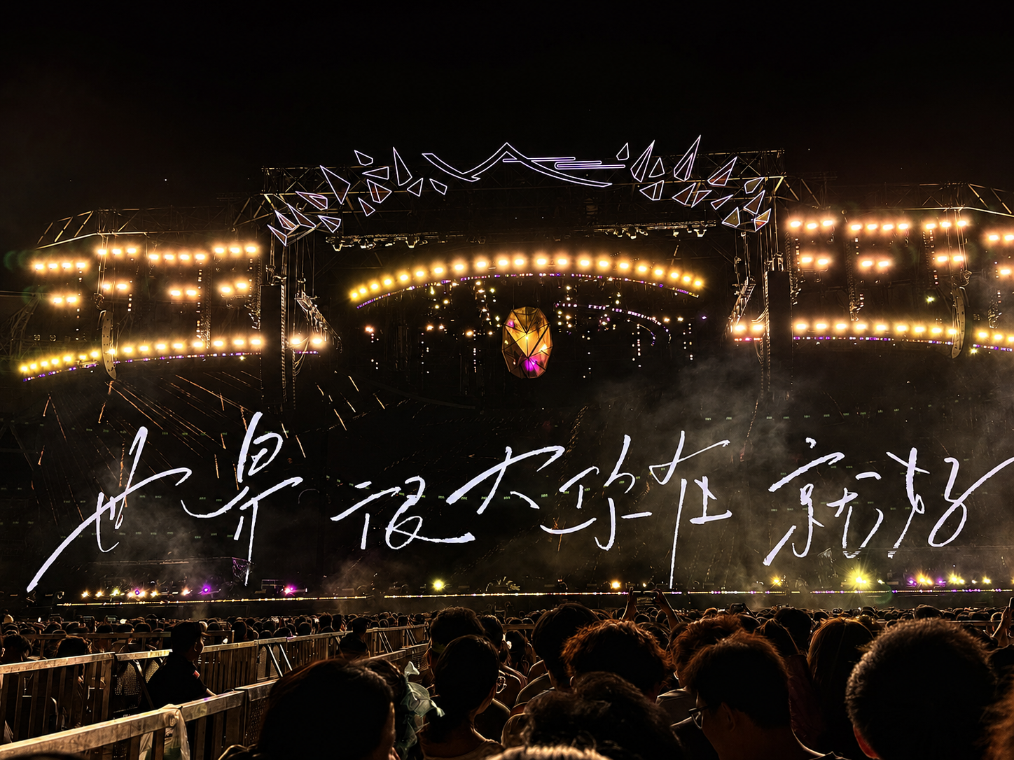 夜晚音乐节舞台与观众，舞台画面写着世界按你所想的方式运转